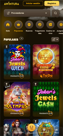 Vista del catálogo de juegos de Awintura con la sección de tragamonedas populares.