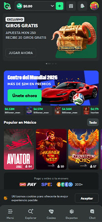 Interfaz móvil de BC.GAME con juegos originales
