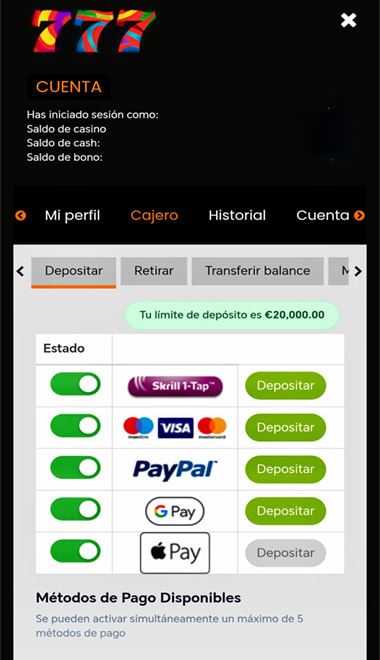 Métodos de pago en bet777