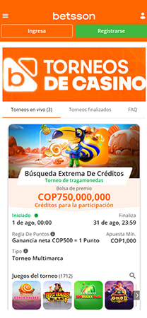 Torneos de casino disponibles en betsson Colombia.
