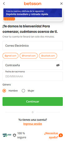 Formulario de registro de Betsson Colombia con correo, contraseña y fecha de nacimiento.
