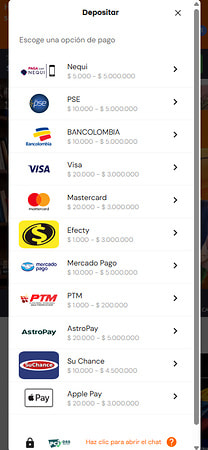 Cajero de Betsson Colombia con Nequi, PSE, Bancolombia, Visa y Efecty junto a sus límites.