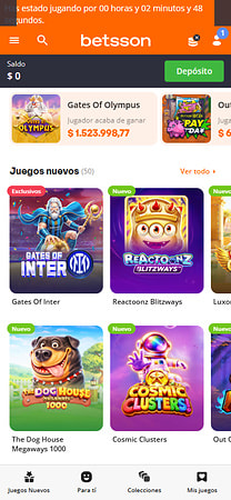 Lobby de Betsson Colombia con la sección de juegos nuevos y el saldo de la cuenta.
