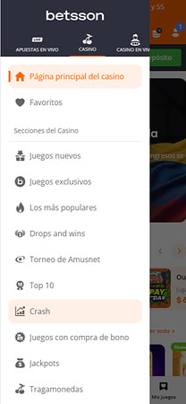 Menú lateral de Betsson Colombia con las categorías del casino.