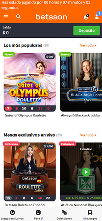 Mesas en vivo de Betsson Colombia con ruleta en español y blackjack.