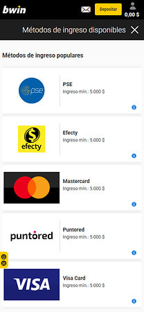 Métodos de ingreso de bwin Colombia con PSE, Efecty, Puntored, Visa y Mastercard.