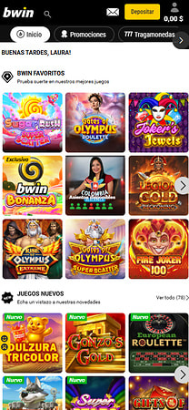 Lobby de tragamonedas de bwin Colombia con los juegos favoritos y las novedades.