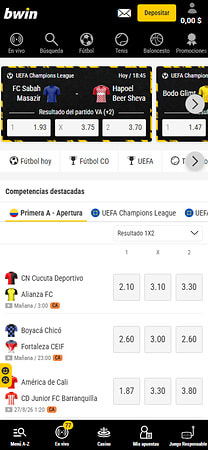 Sección de apuestas deportivas de bwin Colombia con la Primera A y la Champions League.