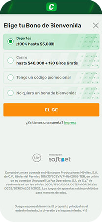 Formuarlio de registro para reclamar free spins en CampoBet