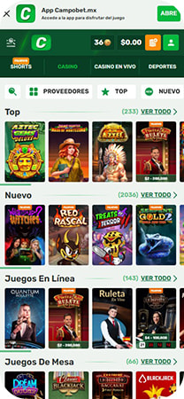 Sección de juegos para free spins de CampoBet