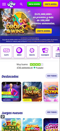 Página de inicio de PlayUZU en celular