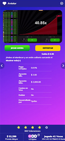 Partida real de Aviator en PlayUZU casino online México.
