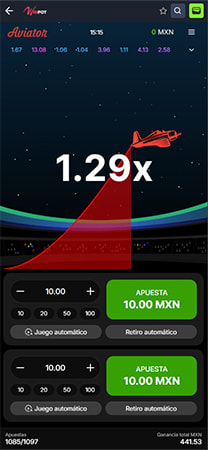 Partida real de Aviator en Winpot casino online México.