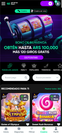 Pantalla de inicio del casino GranaWin mostrando el bono de bienvenida y juegos recomendados.