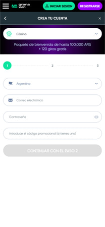 Formulario para crear una cuenta en GranaWin para usuarios de Argentina.