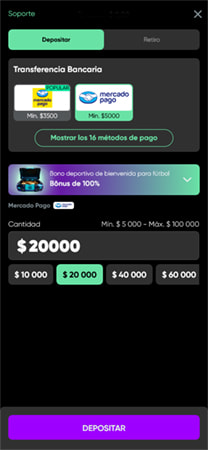 Sección de depósitos de GranaWin, destacando Mercado Pago como opción de transferencia.