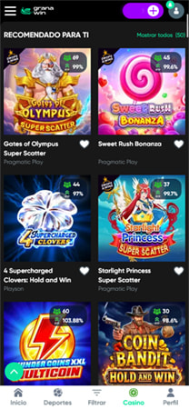 Vista del catálogo de juegos de GranaWin con una selección de las tragamonedas más recomendadas.