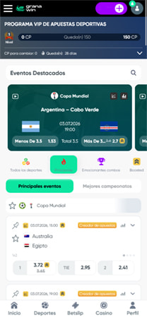 Interfaz de la casa de apuestas deportivas de GranaWin con mercados internacionales.