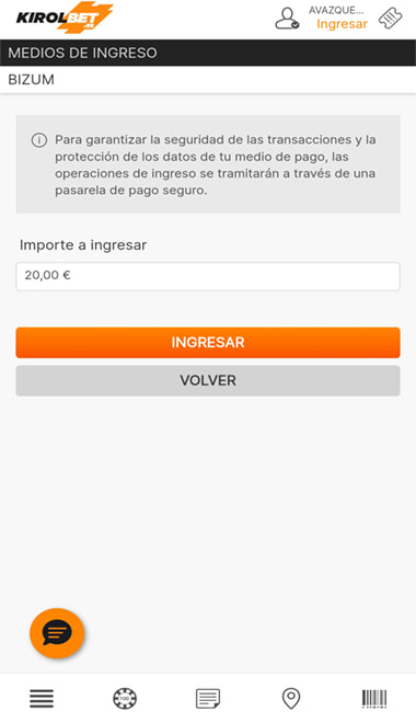 Ingreso con Bizum en Kirolbet