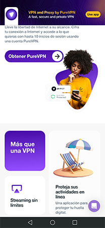 Pantalla de características de PureVPN