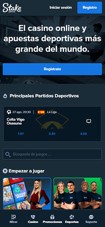 Portada de Stake Colombia con los partidos deportivos destacados y el buscador de juegos.