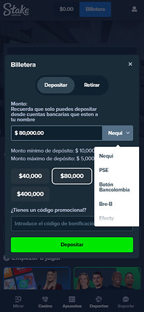 Billetera de Stake Colombia con el desplegable de métodos de depósito.