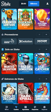 Lobby de juegos de Stake Colombia con proveedores y juegos originales de la casa.