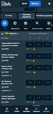 Sección de apuestas deportivas de Stake Colombia con partidos de la Primera A.