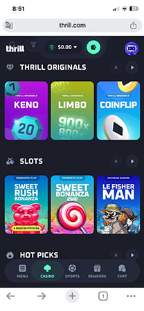 Página de inicio de Thrill optimizado para navegación móvil