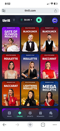Interfaz de casino en vivo con shows de juegos