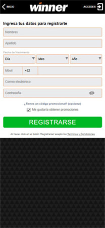 Formulario de registro en Winner