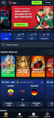 Pantalla de inicio de la app de Winpot