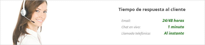 Imagen de atención al cliente en la que se muestran los 3 principales métodos de contacto: E-mail, llamada telefónica y chat en vivo, con los tiempos de respuesta.