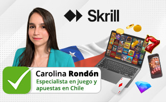 La autora Carolina Rondón al lado de la bandera de Chile, del logo de Skrill, un portátil y fichas de casino apiladas