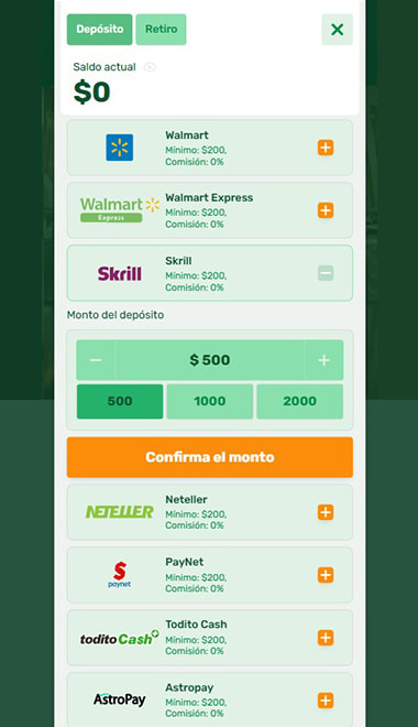 Selecciona Skrill y la cantidad para depositar.