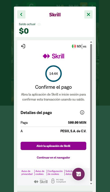 Confirma tus datos para depositar con Skrill.