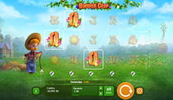 Partida a la slot Bumper Crop de Playson donde aparece su simpático protagonista y una combinación ganadora.