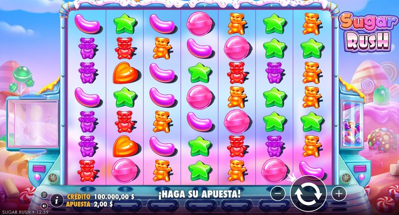 Tablero de la demo de Sugar Rush de Pragmatic Play con el mensaje Haga su apuesta.