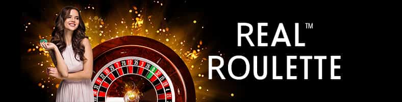Logotipo de la Real Roulette junto a una ruleta y una crupier.