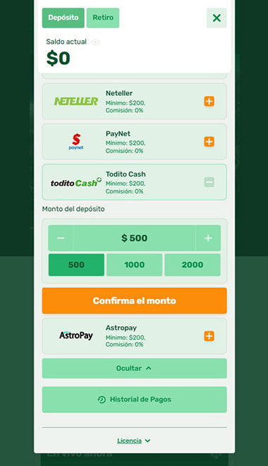 Cajero de casino online con Todito Cash seleccionado como método de pago en el listado.