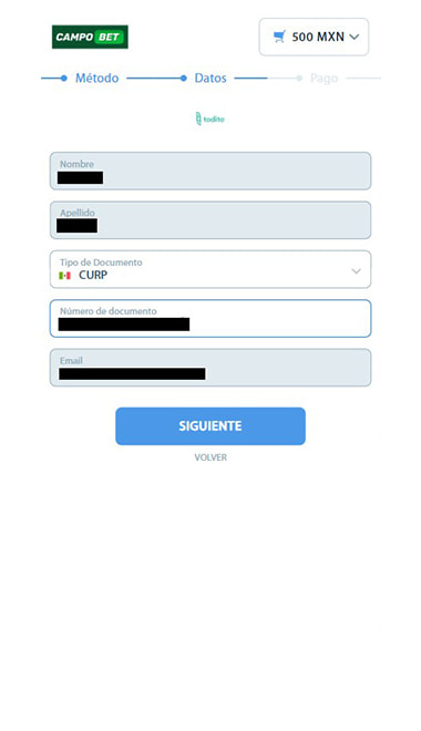 Pantalla de confirmación de depósito con Todito Cash en el cajero de un casino.