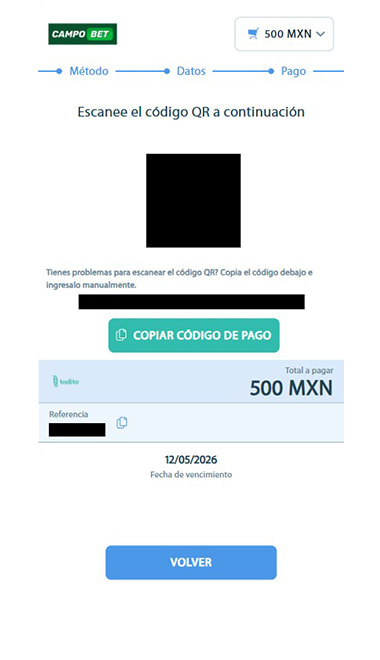 Saldo actualizado en la cuenta del casino tras completar el depósito con Todito Cash.
