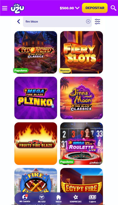 Búsqueda de Fire Blaze en el catálogo del casino, con Red Wizard, Jinns Moon y Mega Fire Blaze Plinko.