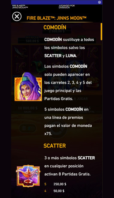 Tabla de pagos de Fire Blaze Jinns Moon con los símbolos Comodín y Scatter.