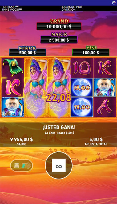 Jugada premiada en Fire Blaze Jinns Moon con los jackpots Grand, Major, Minor y Mini.