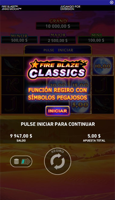 Función Regiro con símbolos pegajosos de Fire Blaze Classics en Jinns Moon.