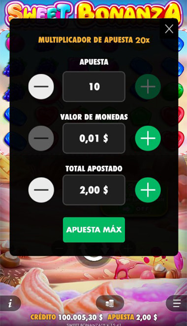 Ajuste del tamaño de apuesta en la slot Sweet Bonanza.