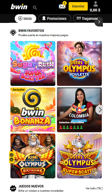 Lobby de bwin Colombia con los juegos destacados antes de abrir el cajero de depósitos.