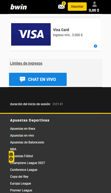 Ficha de Visa Card en el cajero de bwin, con ingreso mínimo de $5.000 y chat en vivo.