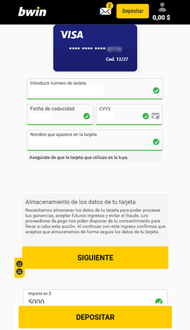 Formulario de bwin para registrar la tarjeta Visa: número, caducidad, CVV2 y nombre del titular.